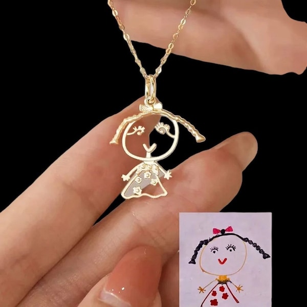 Personalized Stainless Steel Children Artwork Pendant Mom Family Unique Gifts - Handmade Kids Drawing Handwriting Necklace