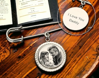 Customized photo brooch, photo tie-tack, bridal bouquet pin, and wedding memorial gift for the bride and groom