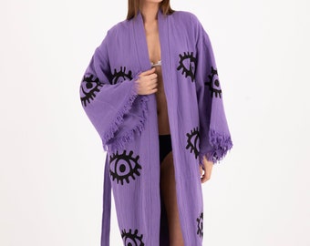 Hand Printed Evil Eye on Handmade Turkish cotton Kimono Robe, Spa Robe, Morning Robe,Unisex Boho Bathrobe, Beachwear Cover up, Ethnic Kimono