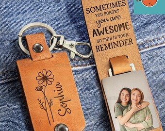 Personalized Photo Leather Keychain, Custom Birth Month Flower Leather Keychain, Custom Name Leather Keychain, Mothers Day Gifts