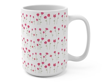 Pink Floral Mug, Botanical Design 15oz Cup, Pink Flowers Coffee Mug, Flower Pattern Tea Cup, Floral Kitchen Decor, Mothers Day Gift
