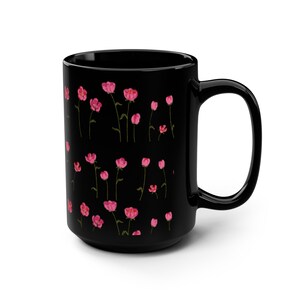 Botanical Pink Flower Pattern 15oz Black Mug - Floral Coffee Cup, Tea Mug, Flower Lover Gift, Pink Floral Kitchen Decor, Garden Mug