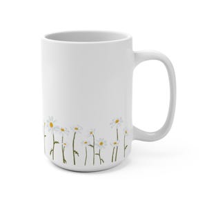 White Daisy Floral Mug 15oz, Minimalist Feminine Coffee Cup, Ceramic Tea Mug, Flower Pattern Drinkware, Gift for Her, Springtime, Gift idea
