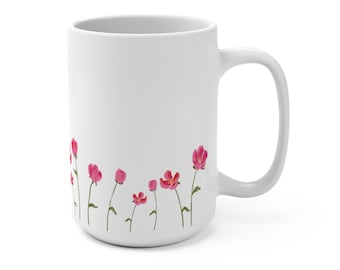 Pink Floral Coffee Mug: Botanical Flower Design, 15oz Ceramic Cup