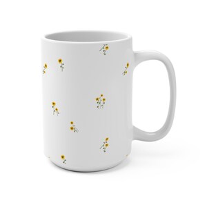 Sunflower Pattern Mug, Floral Design 15oz Coffee Cup, Yellow Joyful Feminine Gift for Her, Minimalistic Kitchen Decor, Happy Colour, Tea Mug