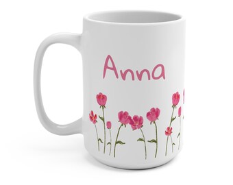 Personalized Pink Floral Mug: Custom Name 15oz Botanical Cup