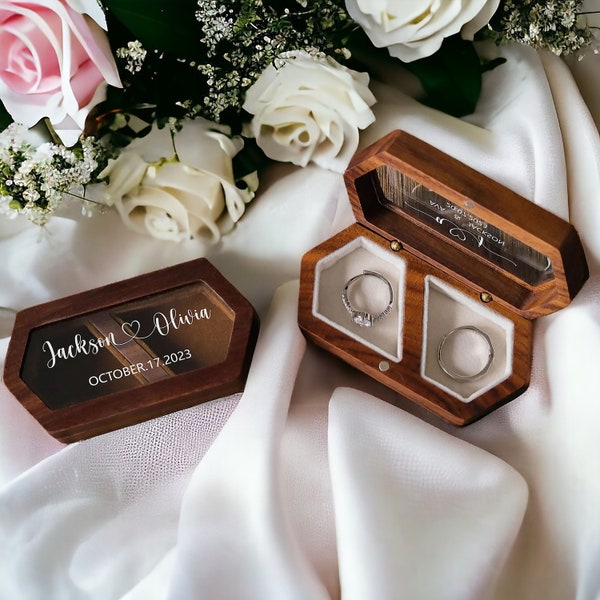 Personalized Wedding Ring Box,Double Slot Wedding Ring Box,Engagement Wedding Ceremony Ring Box,Ring Bearer Box,Wide Wood Double Ring Box