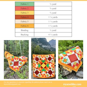 Op de afbeelding: Een quiltpatroon getiteld "The Muse" met stofvereisten. De afbeelding bevat drie foto's van een afgewerkte quilt met ster- en vierkantpatronen in oranje, rood, geel en groen. Het patroon is auteursrechtelijk beschermd door Alex Sorensen.