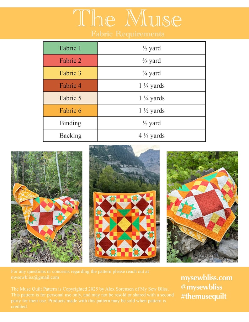 Op de afbeelding: Een quiltpatroon getiteld "The Muse" met stofvereisten. De afbeelding bevat drie foto's van een afgewerkte quilt met ster- en vierkantpatronen in oranje, rood, geel en groen. Het patroon is auteursrechtelijk beschermd door Alex Sorensen.