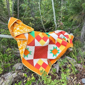 Op de afbeelding: Een kleurrijke patchworkquilt met ster- en vierkantpatronen in tinten oranje, rood, geel, wit en groen. De quilt is gedrapeerd over een boomstam in een bosrijke omgeving. De rand is oranje met een bloemenpatroon.