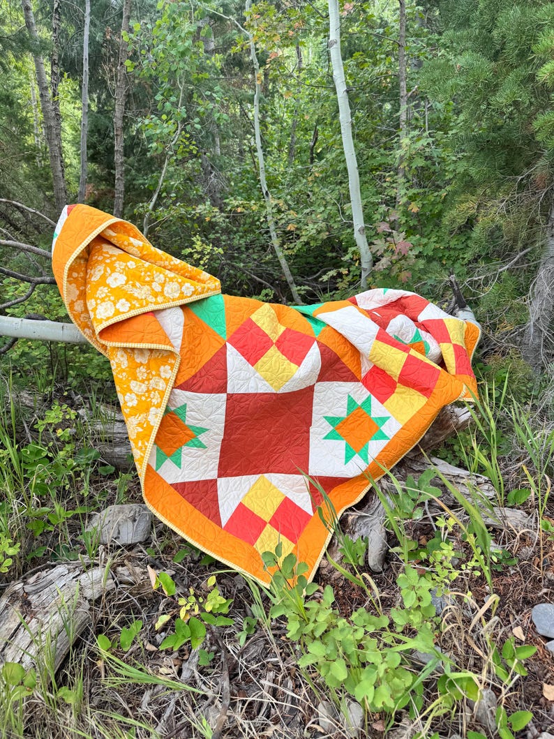 Op de afbeelding: Een kleurrijke patchworkquilt met ster- en vierkantpatronen in tinten oranje, rood, geel, wit en groen. De quilt is gedrapeerd over een boomstam in een bosrijke omgeving. De rand is oranje met een bloemenpatroon.