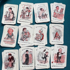 Jeu de cartes victorien antique « Familles heureuses » - Style Jaques & Son vers 1850-1910 - objet de collection rare