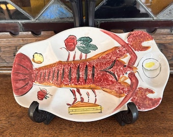 Vintage Japanese Lobster Plate 1950s–1960s – Hand Painted Ironstone Seafood Dish, Kitschy Retro Kitchen Decor | Made in Japan