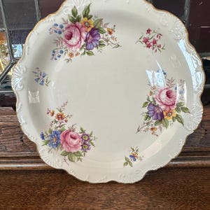 Vintage Old Foley Staffordshire England Serving Plate | Floral Pattern with Roses, Gold Trim and Scalloped Edge