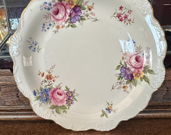 Vintage Old Foley Staffordshire England Serving Plate | Floral Pattern with Roses, Gold Trim and Scalloped Edge