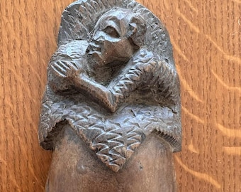Vintage Hand-Carved Wooden Tribal Mask with Seated Figure | African-Inspired Wall Art