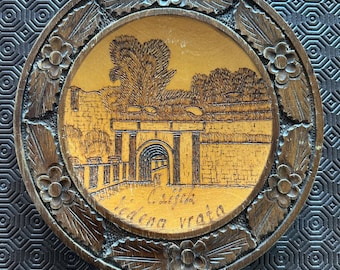 Vintage Croatian Wooden Hand-Carved Plate Plaque Souvenir | Vodena Vrata | Osjiek