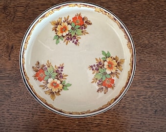 Prato pequeno raro de bugigangas Myott Staffordshire Inglaterra com flores e folhagens amarelas / laranja / verdes / roxas
