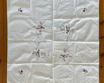 Mantel vintage de algodón con motivos florales bordados a mano (77 cm x 77 cm)