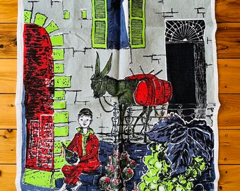 Vintage Linen Tea Towel - Wine & Donkey in Village - Pure Linen, Fast Colours