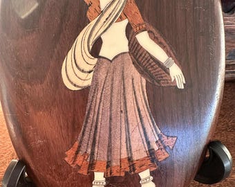 Vintage Indian Marquetry Wall Plaque - Inlaid Wood Woman Carrying Basket on Head AND Woman Carrying Wheat, Folk Art Rosewood Oval Decor