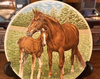 Vintage Mare and Foal Collectible 20cm Plate | Fine Bone China | Crown Staffordshire England | Perfect Condition