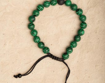 Bracciale uomo pietra Malachite vera, perle naturali ,bracciale etnico, braccialetto di perline verde, con giada nero, regolabile, per lui - Italia