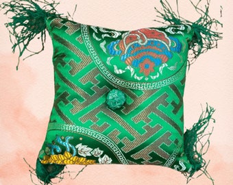 Green Square Tibetan Singing Bowl Cushion | Luxurious Silk Embroidery  | Handcrafted Soft  Cushion for Meditation Comfort