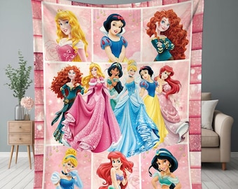 Disney Princess Characters Blanket, Elsa Ariel Belle Jasmine Cinderella Fleece Blanket, Disney Characters Name Blanket, Magic Kingdom Gifts