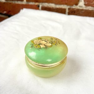 Vintage Pistachio Green Enamel Trinket Box | Floral Hinged Keepsake Box (Brass Trim)