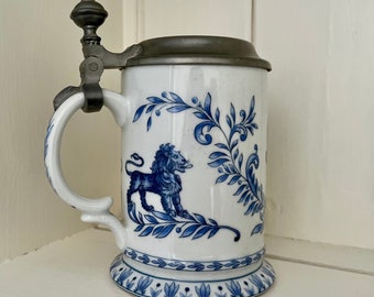 Kuhr Muhlried Porcelain German Blue and White Lion Beer Stein Tankard Mug with Lid, vintage porcelain, lion design, shield design, rare find