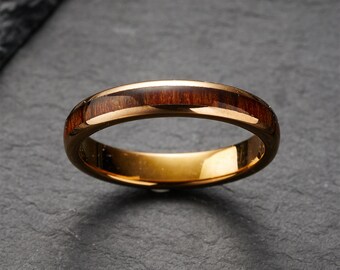 Anillo de tungsteno de oro rosa pulido de 4 mm para mujeres y hombres, anillo de bodas de tungsteno con incrustaciones de madera de Koa, anillo de compromiso, joyería para mujeres