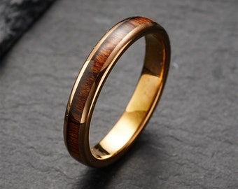 Anillo de tungsteno de oro rosa pulido de 4 mm para mujeres y hombres, anillo de boda de tungsteno con incrustación de madera de Koa, anillo de compromiso, joyería para mujeres