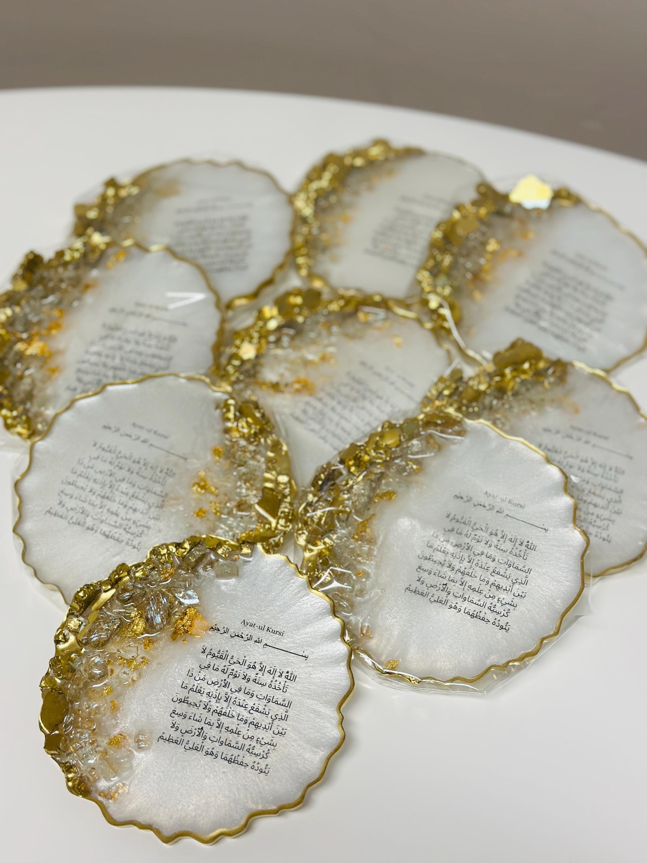 Ayat ul-Kursi Resin Coasters with Gold Leaf & Stones – Handcrafted Islamic Decor for Elegant Home and Spiritual Gifts