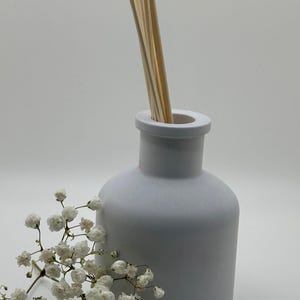 May include: A white ceramic diffuser bottle with a frosted finish and a set of wooden sticks inserted into the top opening. The bottle is sitting on a white surface.