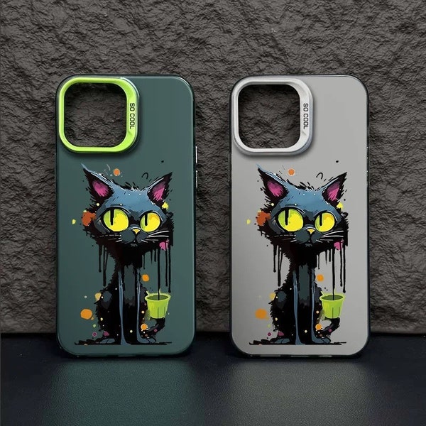 Big Eyed Black Cat Phone Cases, Metal Backboard Case for IPHONE12 IPHONE13, IPHONE14, IPHONE15 PRO and MAX, Trending now, Custom phone case