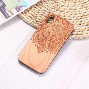 Floral Mandala Engraved Wood Phone Case Cover for iPhone 14, 14 Pro Max, 14 Plus, 13 Pro Max, 13, 12, and more, best selling items