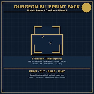 May include: Dark blue graphic with text "DUNGEON BLUEPRINT PACK" and "Modular Rooms & Corridors - Volume I". Includes a blueprint graphic and text "5 Printable Tile Blueprints". Compatible with 1-inch grid battle-map systems.