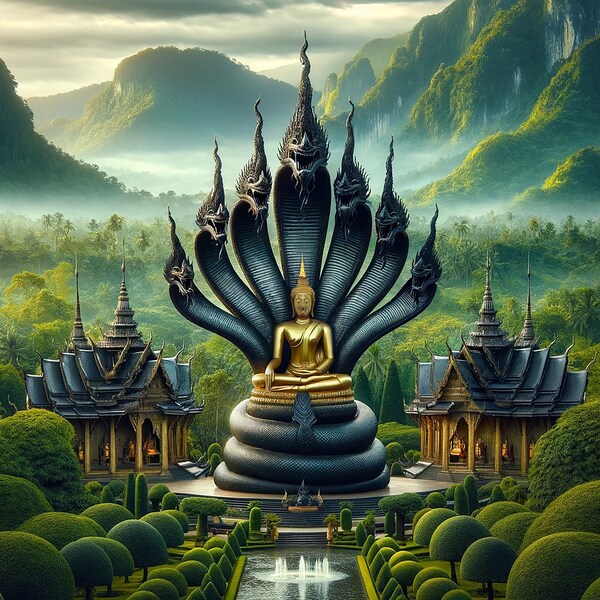 Buddha Enshrined by Naga in Misty Valley.valley, temple, serene, mountains, mist, spirituality, reflection, water, trees, sculpture,majestic