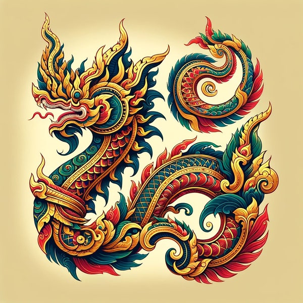 Fiery Thai Dragon Artwork. Dragon,Thai,fire,art,mythical,vibrant,ornamental,traditional,folklore,tattoo,elegance,pattern,gold,craftsmanship