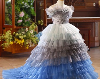 May include: A formal gown with a layered skirt in shades of blue, gray, and white. The bodice is embellished with sequins and the neckline is ruffled. The dress has a long train and is displayed on a mannequin.