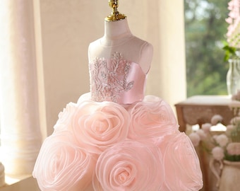 May include: A light pink dress for a young child, displayed on a mannequin. The bodice features intricate beading and a satin ribbon. The skirt is adorned with large, layered fabric roses, creating a voluminous effect. The dress is designed for a special occasion.