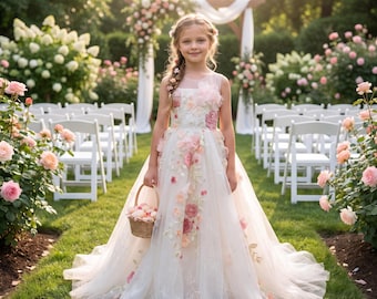 May include: A floor-length white tulle dress featuring delicate pink and peach floral appliqués, a sleeveless bodice, and a full skirt. The dress is worn with a small woven wicker basket filled with flower petals in an outdoor garden setting.