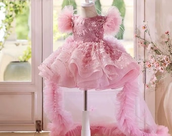 Precioso vestido de cumpleaños rosa para niña con cola extraíble, bonito vestido de fiesta para niña, vestido rosa de primera comunión para bebé niña, alta costura infantil.