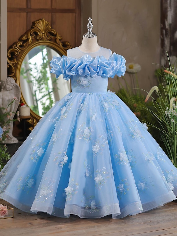 Blue Cinderella Kid Girls Birthday Princess Ball Gowns Luxury Girls Celebration Dress Custom