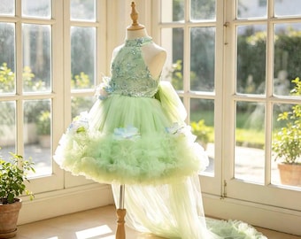Summer mint green kid girls birthday party dress elegant kid light green lace applique pageant celebration dress detachable train custom