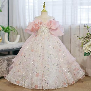 May include: A formal pink and white dress with a full skirt and off-the-shoulder sleeves. The bodice is embellished with sequins and floral accents. The dress is displayed on a mannequin, showcasing its elegant design and delicate details, perfect for special occasions.
