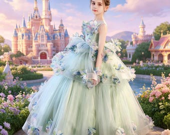 May include: A floor-length, sleeveless gown in pale green tulle, featuring a voluminous skirt adorned with layered fabric flower petals in shades of blue, pink, and white. The bodice is embellished with matching floral accents and a tiara.