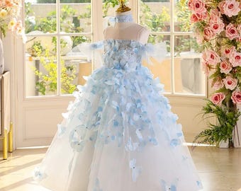 light blue girls birthday princess ball gowns Cinderella girls dress  ruffle butterfly lace applique girls celebration dress custom