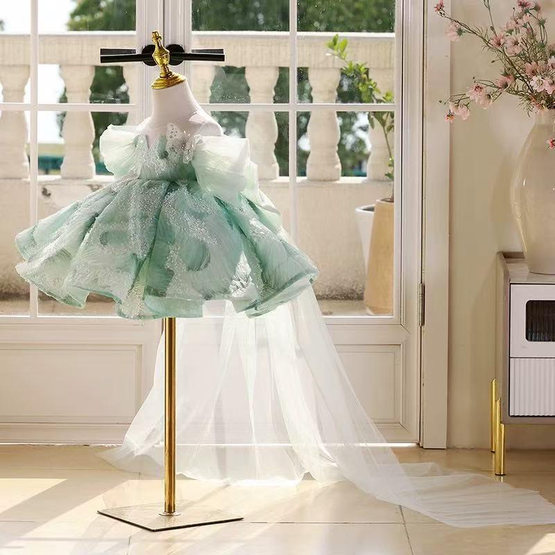 green emerald velvet dress Mint Green Satin Princess Flower Girl Dress Ruffle Pleated Bow main image 1